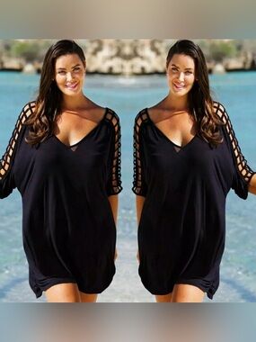 Black Swimsuit Loose Cover-Up/Dress w/ Deep V-neck & Lattice Sleeve Cutouts